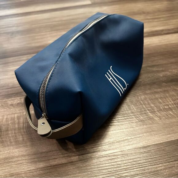 RAE DUNN "His" Toiletry Bag with 2nd Zipper Pocket navy blue - Picture 2 of 9